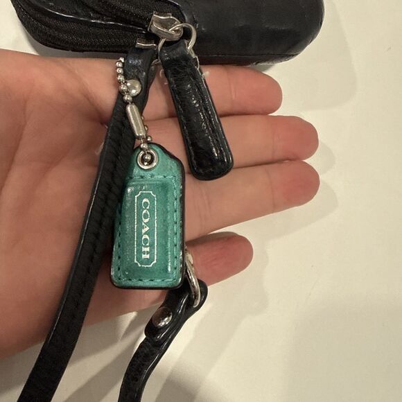 Coach Wristlet Black Leather Wallet Double Zip Striped Legacy Satin Lining 8x4 - Picture 13 of 16